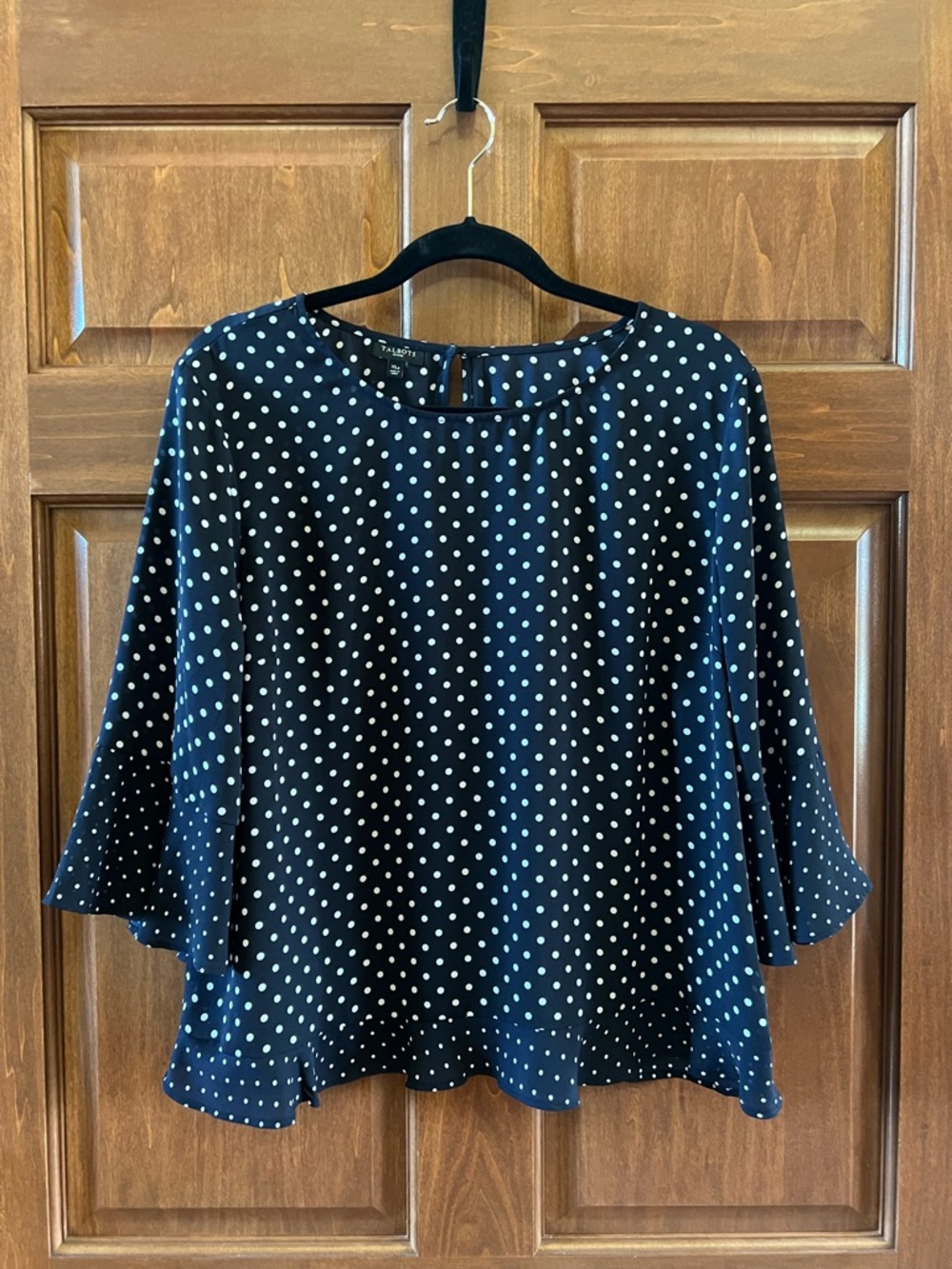 Talbots Blouse with Bell Sleeves Polka Dot Navy Blue and White Size XL Petite